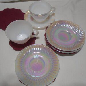 VTG LOT FEDERAL GLASS CUPS & SAUCERS IRIDESCENT MOONGLOW DIAMOND POINT & SPACERS